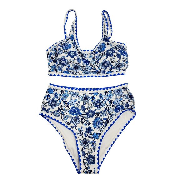 495 Other - Blue & White Floral High-Waisted Bikini Set Swimsuit Ruffle Top Size S